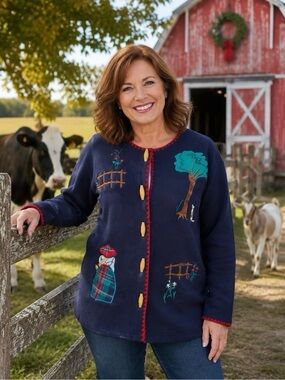 Vtg Country Suburbans Womens Sz M Blue Cardigan Applique Embroidery Spring